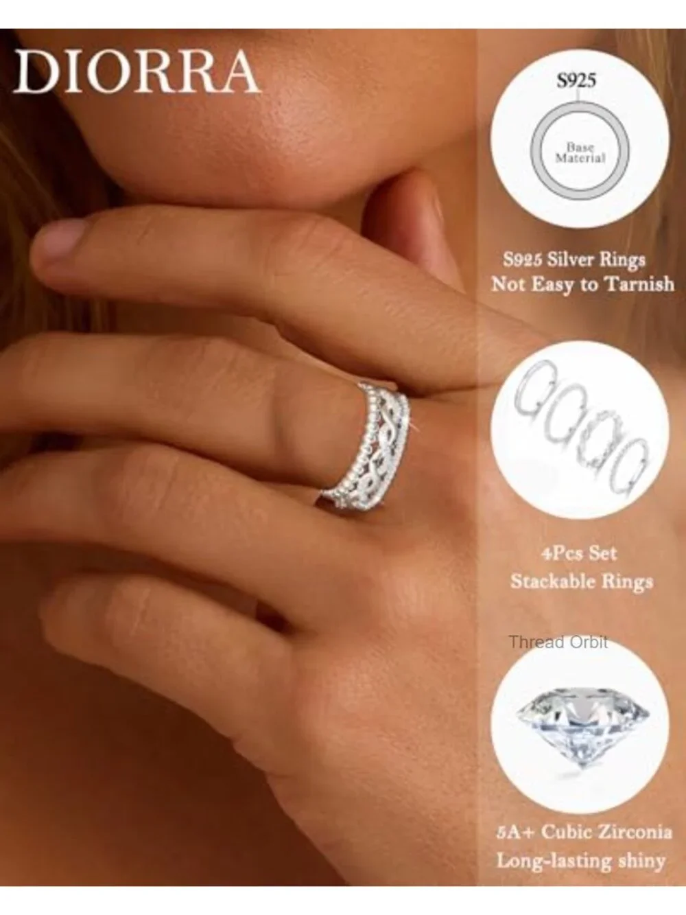 4PCS Thin Stackable Cubic Zirconia Silver Rings Set Size 5-10